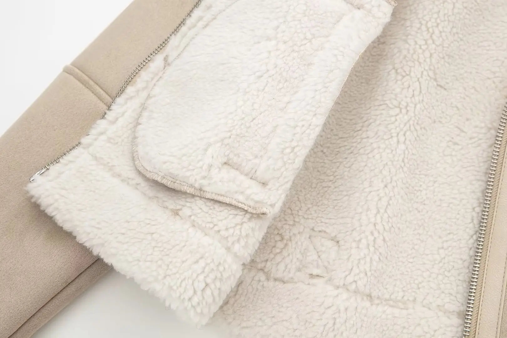Beige Faux Shearling Aviator Jacket