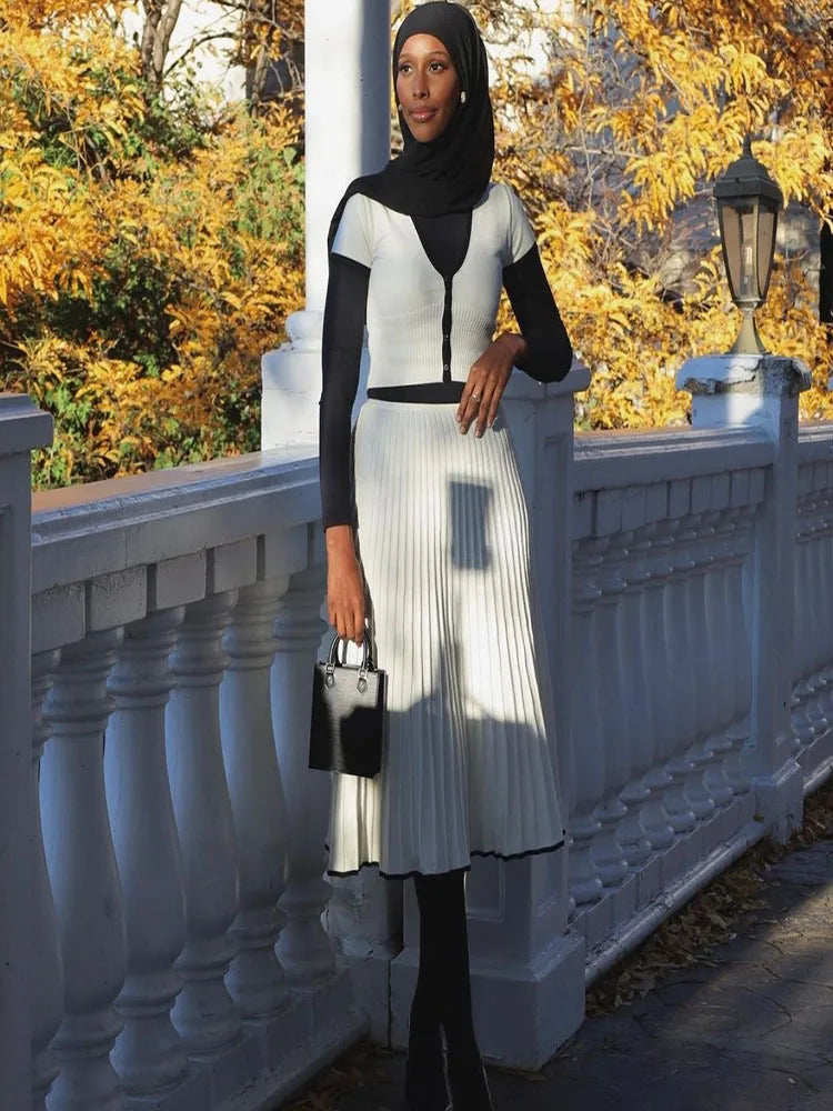 Pleated Maxi Skirt Short Sleeve Top Two piece Set