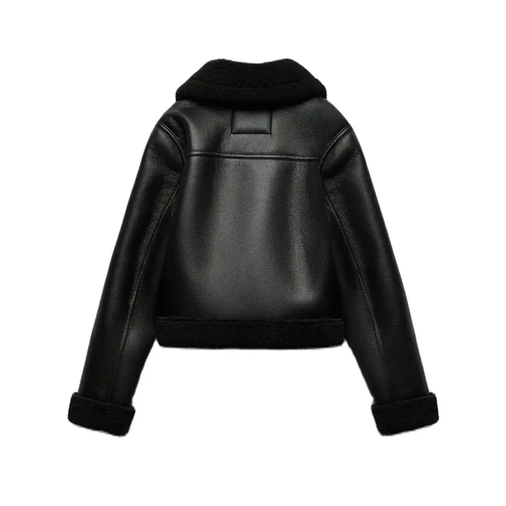 Black Faux Leather Fur Lined Aviator Jacket
