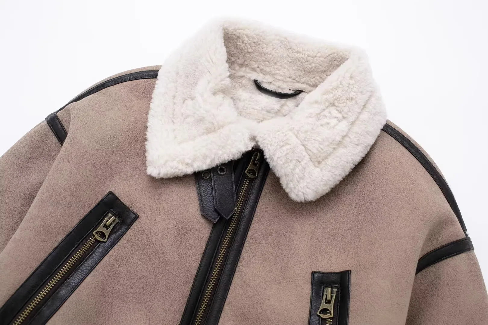 Faux Shearling Buckle Detail Aviator Jacket