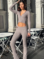 Knitted Hooded Zipper Two Piece Set