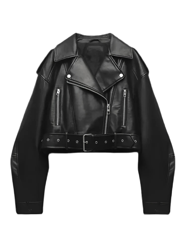 Oversized Vintage Black Loose Faux Leather Biker Jacket