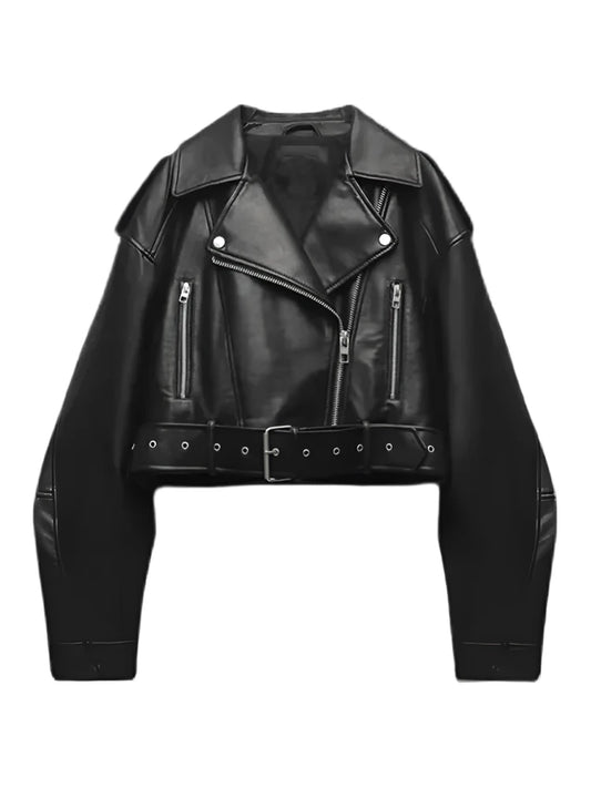 Oversized Vintage Black Loose Faux Leather Biker Jacket