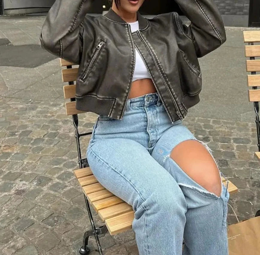Washed Faux Leather Cropped Jacket