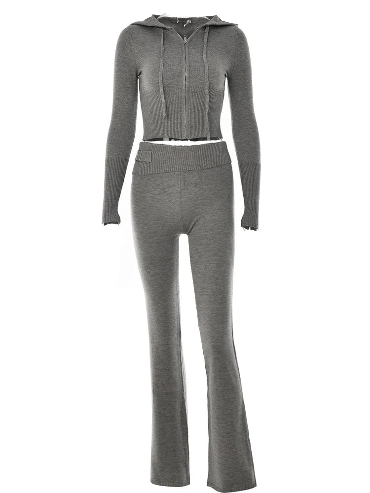 Knitted Tracksuit Hooded Zipper Two Piece Set
