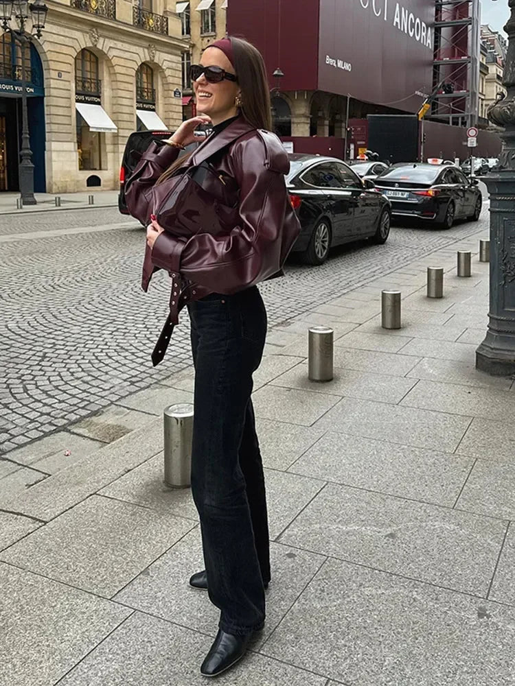 Long Sleeved Cropped Burgundy Leather Jacket