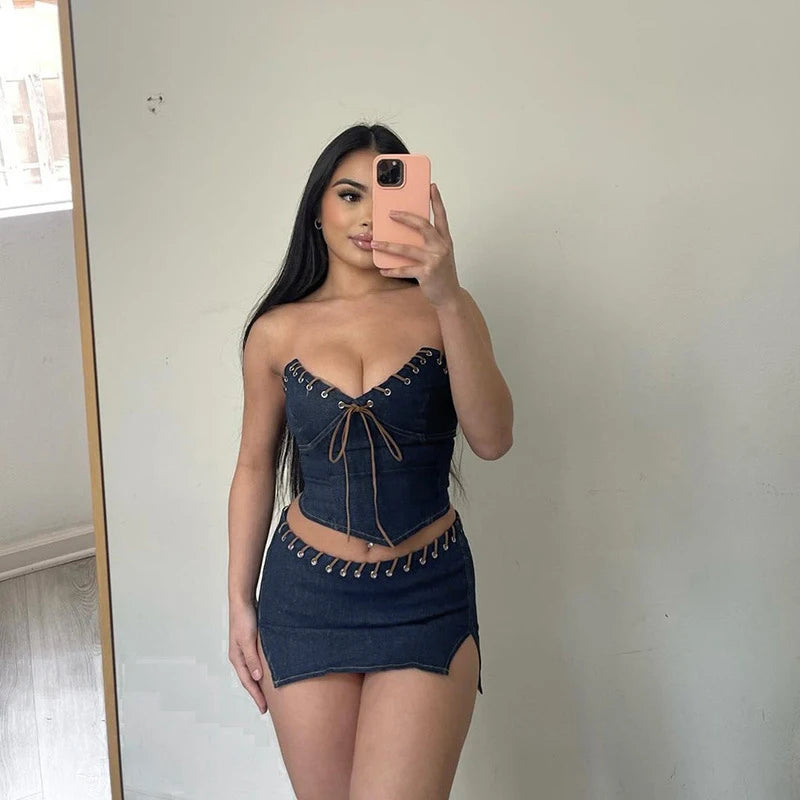 Denim Skirt Lace Up Two Piece