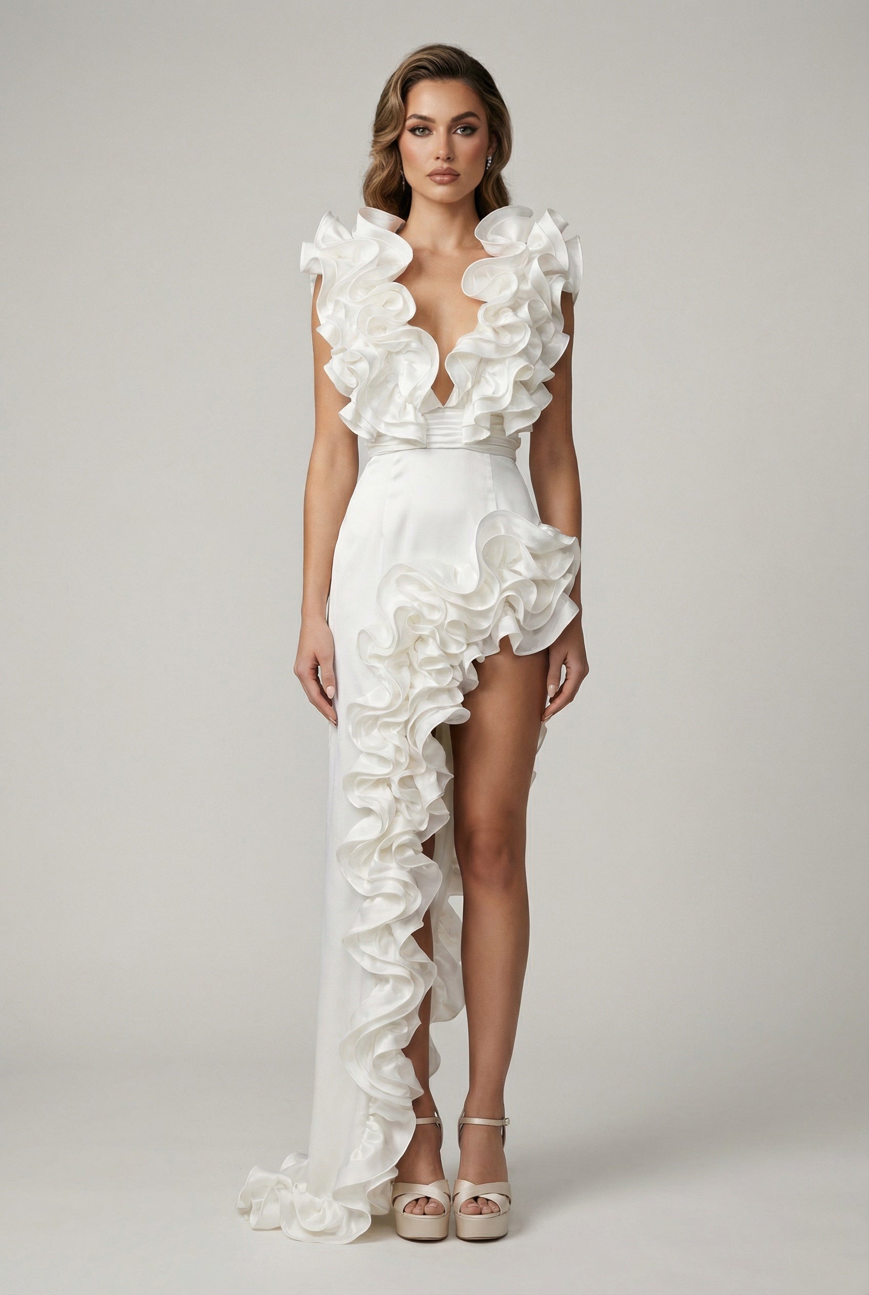 Rosalia™ Scarlet Cascade Ruffle High-Slit Maxi Dress