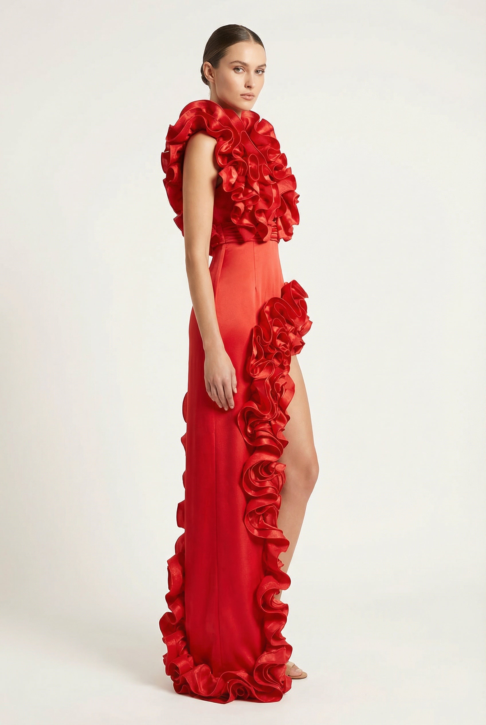 Rosalia™ Scarlet Cascade Ruffle High-Slit Maxi Dress