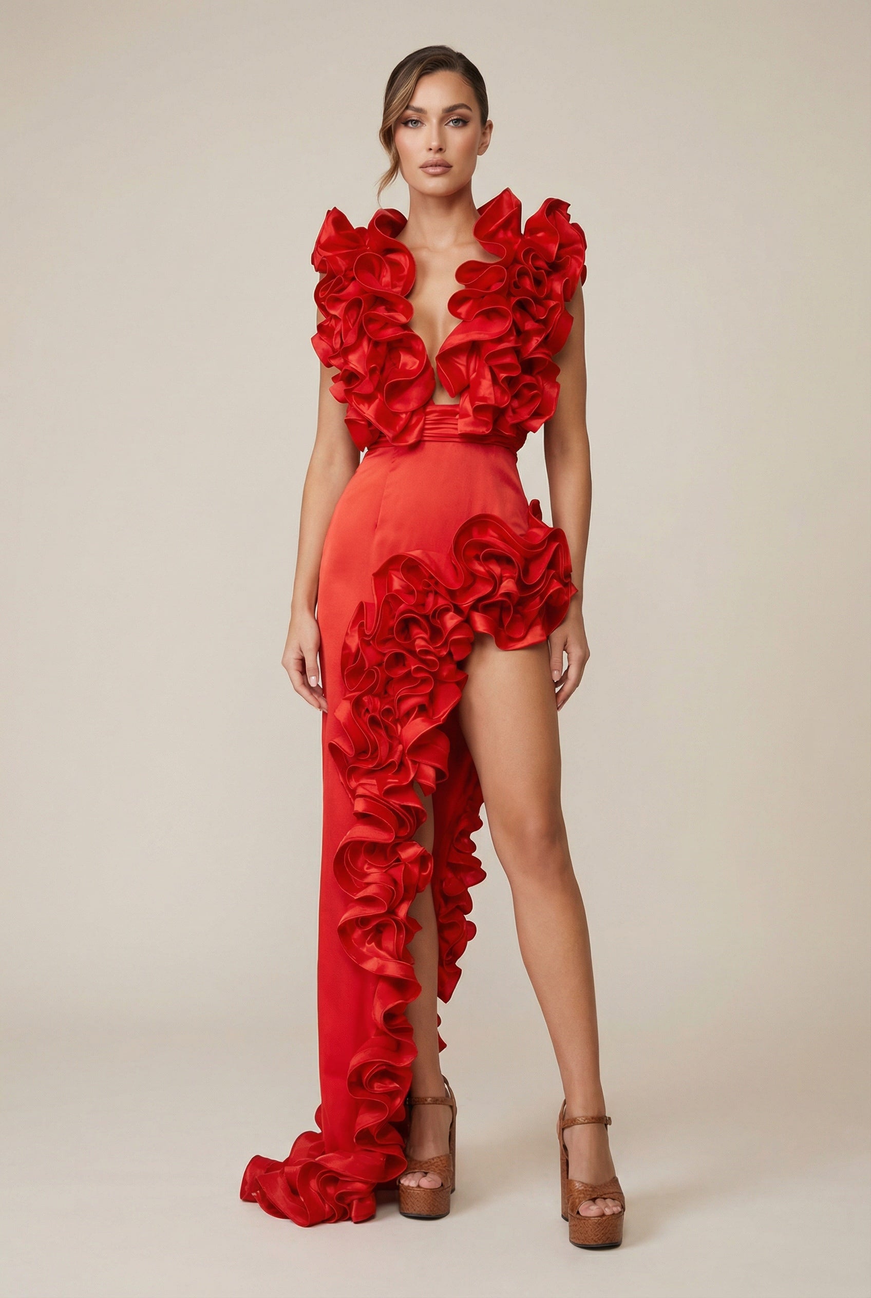 Rosalia™ Scarlet Cascade Ruffle High-Slit Maxi Dress