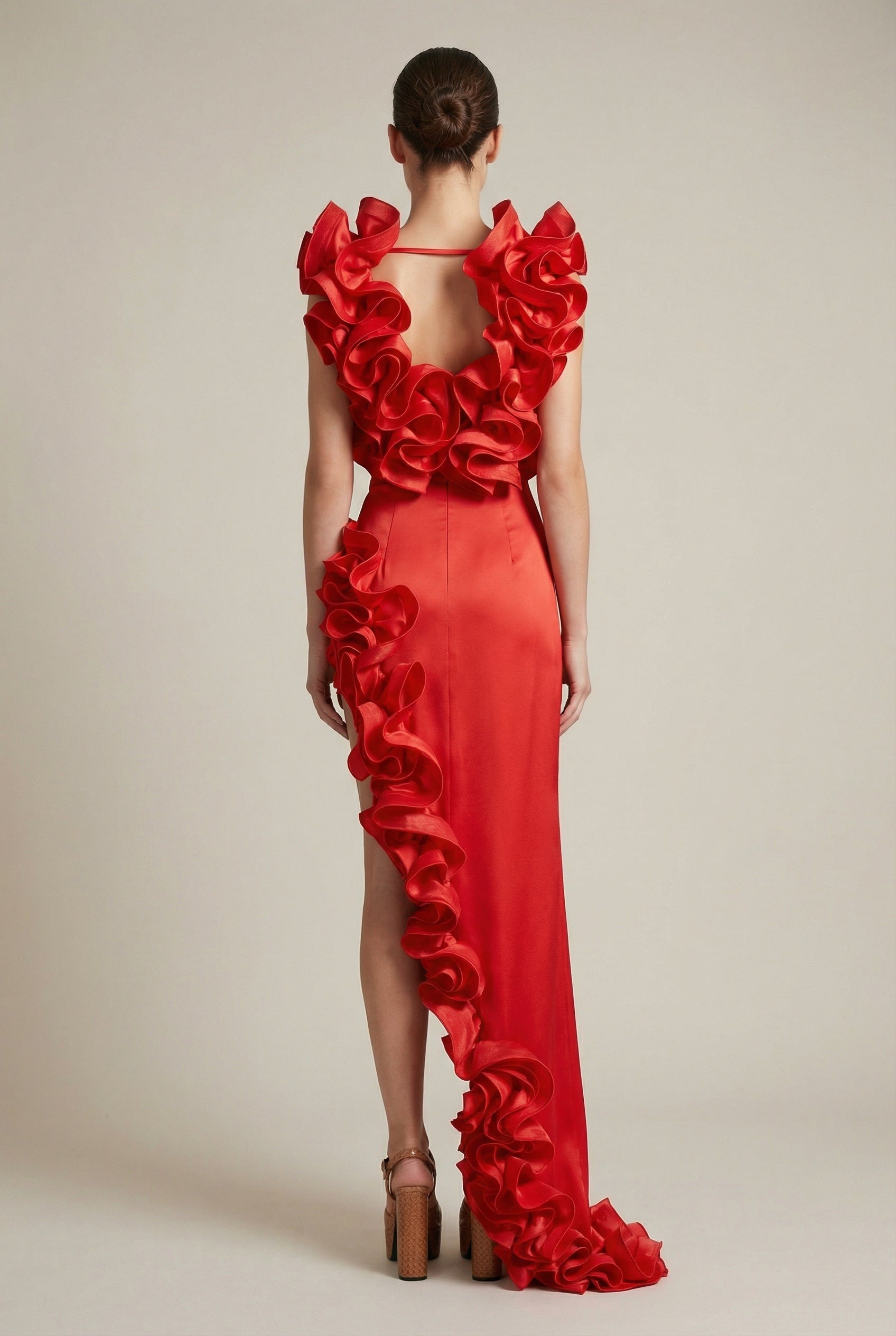 Rosalia™ Scarlet Cascade Ruffle High-Slit Maxi Dress