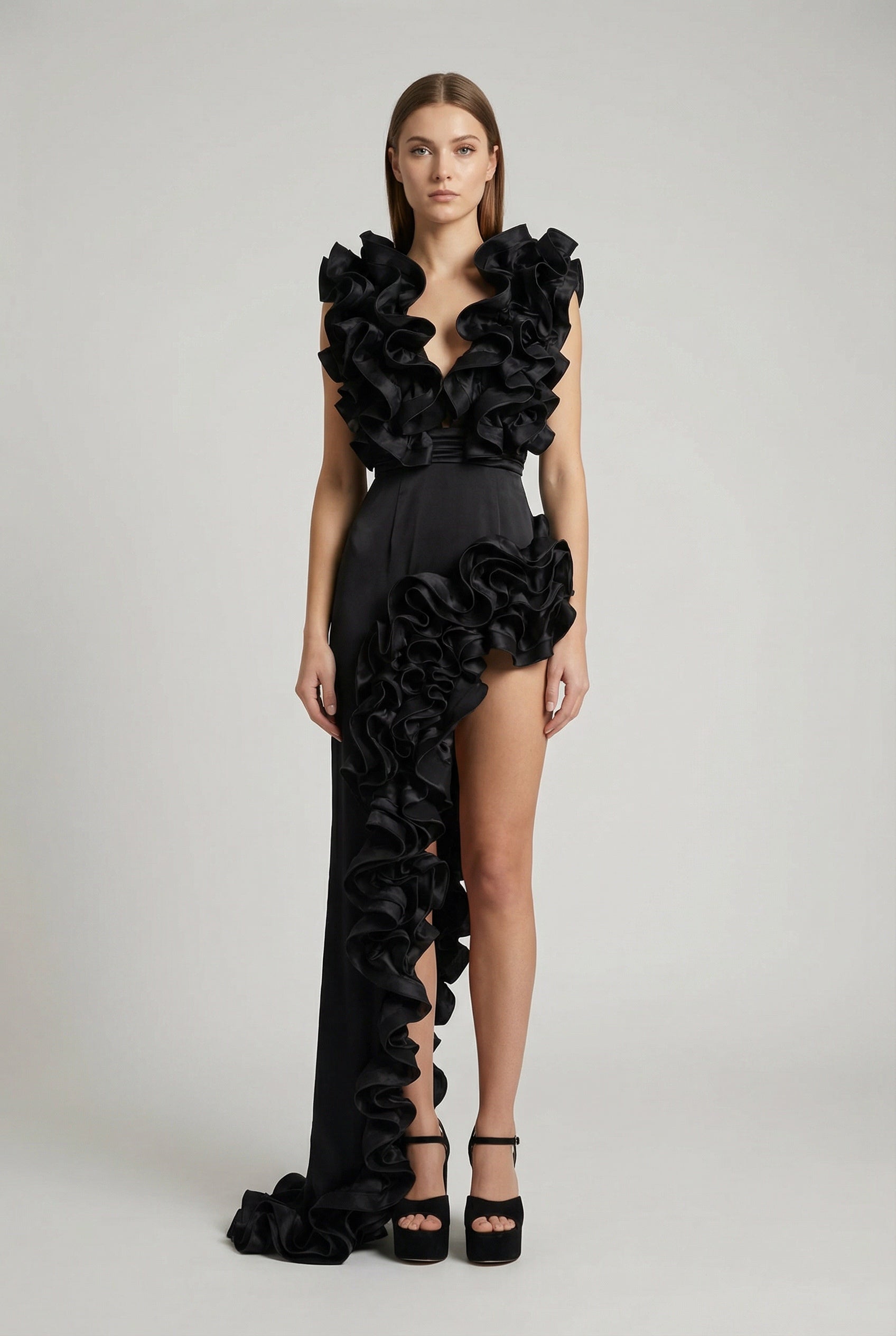 Rosalia™ Scarlet Cascade Ruffle High-Slit Maxi Dress