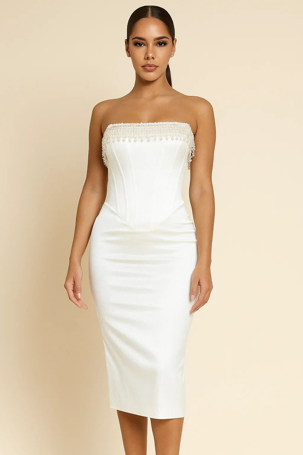 Marcella™ Pearl Pendant Tassel Bodycon Midi Dress