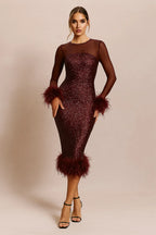 Elysia™ Mesh Patchwork Sequin Feather Midi Dress