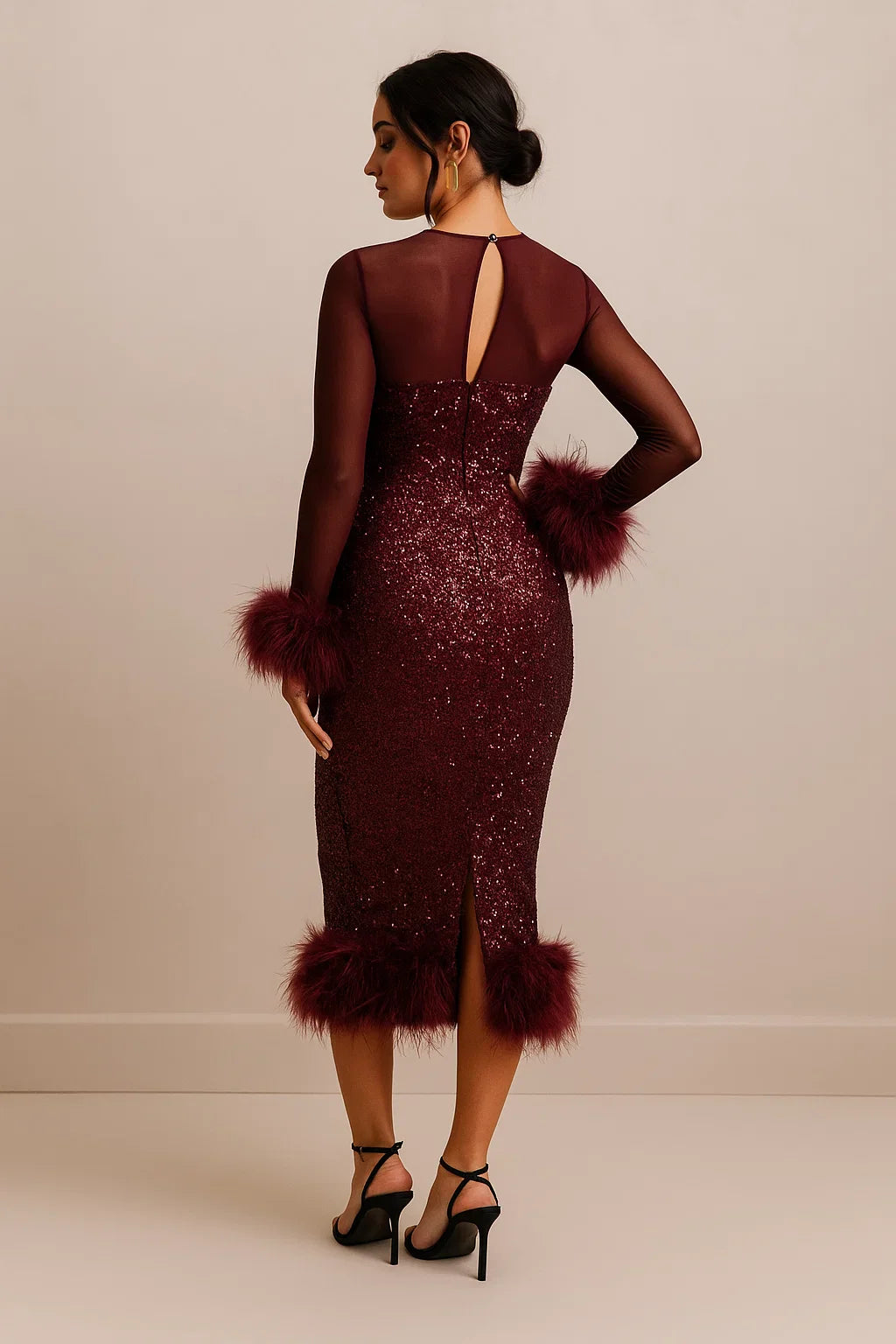 Elysia™ Mesh Patchwork Sequin Feather Midi Dress