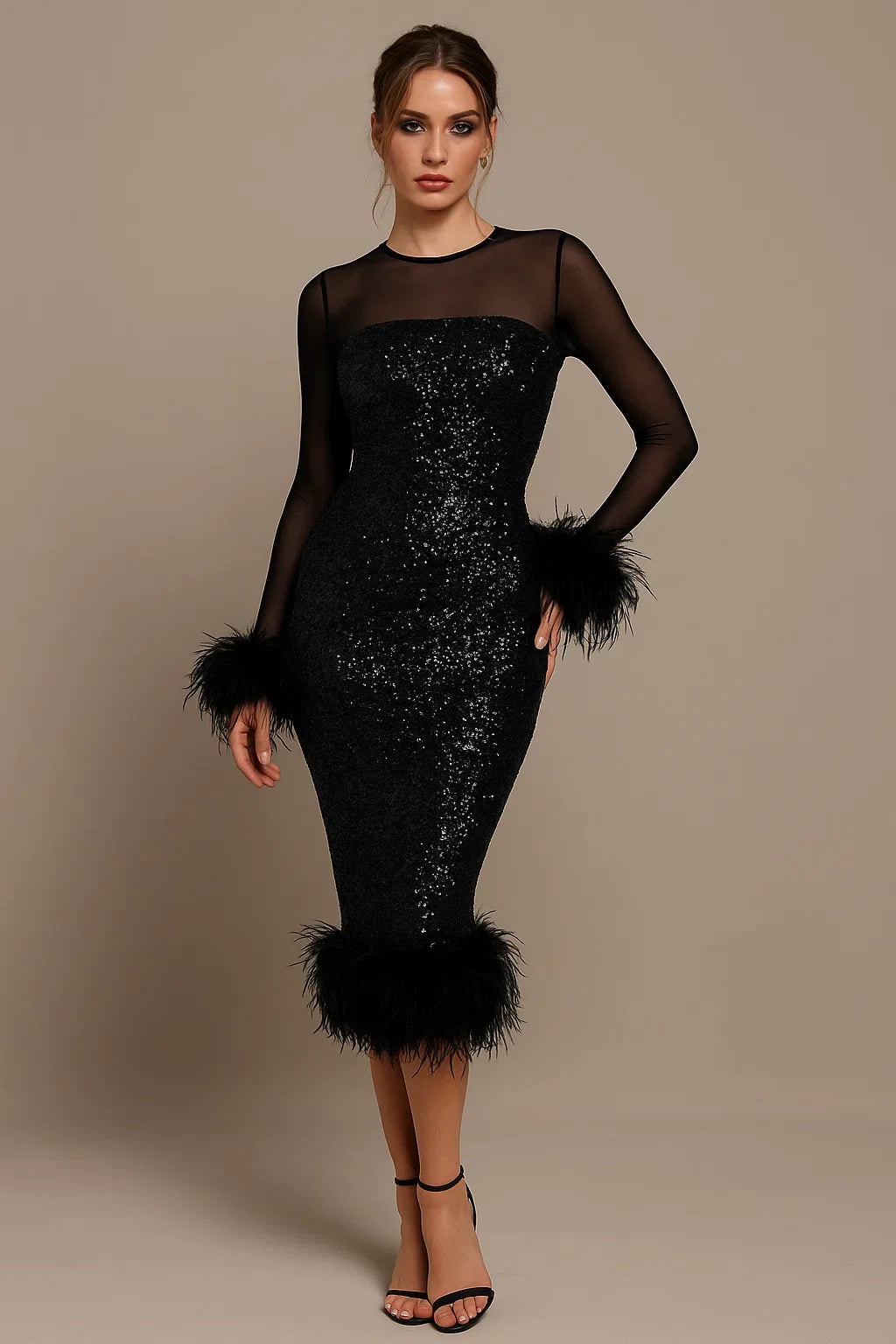 Elysia™ Mesh Patchwork Sequin Feather Midi Dress