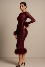 Elysia™ Mesh Patchwork Sequin Feather Midi Dress