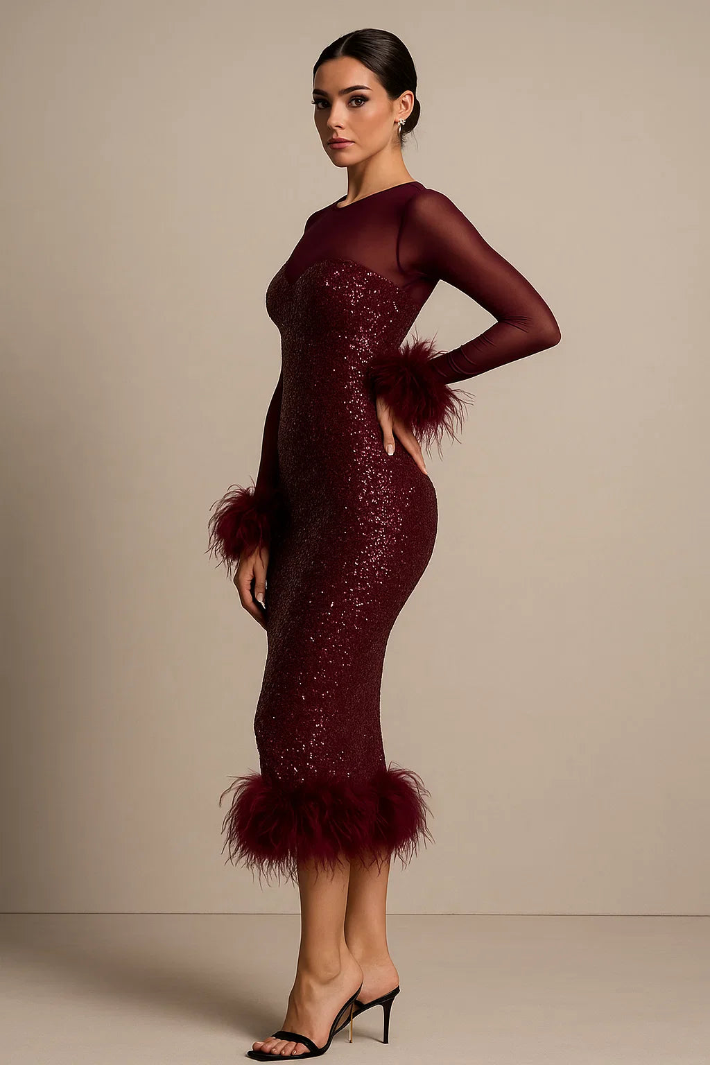 Elysia™ Mesh Patchwork Sequin Feather Midi Dress